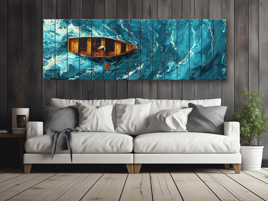 Wood Wall Art – Overhead Rowboat Print on Natural Wood Planks | Colorful Rustic Decor