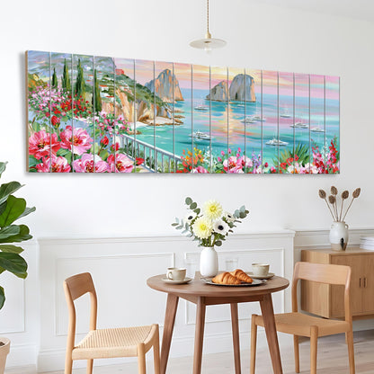 a dining area with a table and chairs, a vase of flowers, and a painting of a coastal landscape above the table.