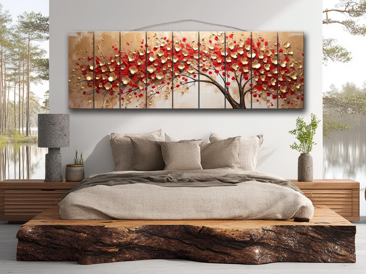 Red Gold Wood Print – Abstract Tree Wall Art On Natural Wood Panels