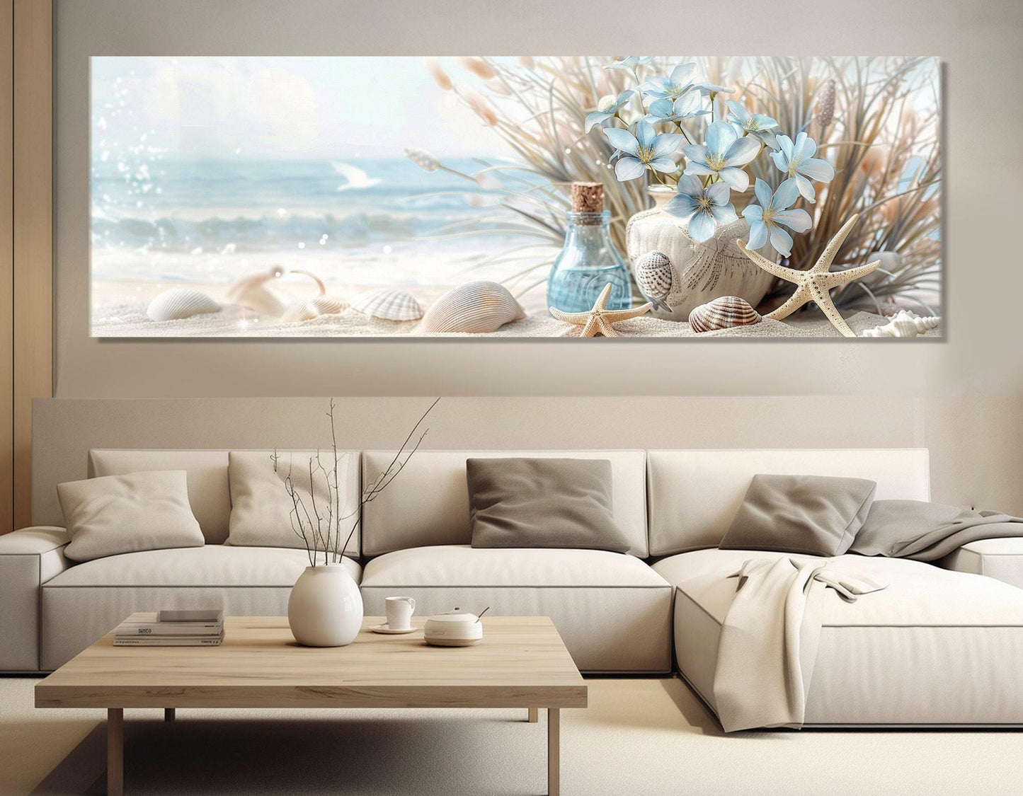 Sea Still Life Painting | Framed Canvas Print - Soft Colors Floral Beach Wall Art
