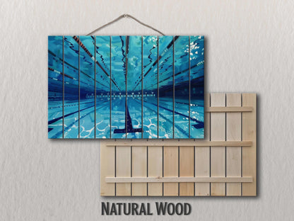 Swimming Pool Print on Natural Wood, Swimming Wall Art, Swimmer Gift, Abstract Swimming Pool Painting, Water Sports Wall Art, Wood Wall Art
