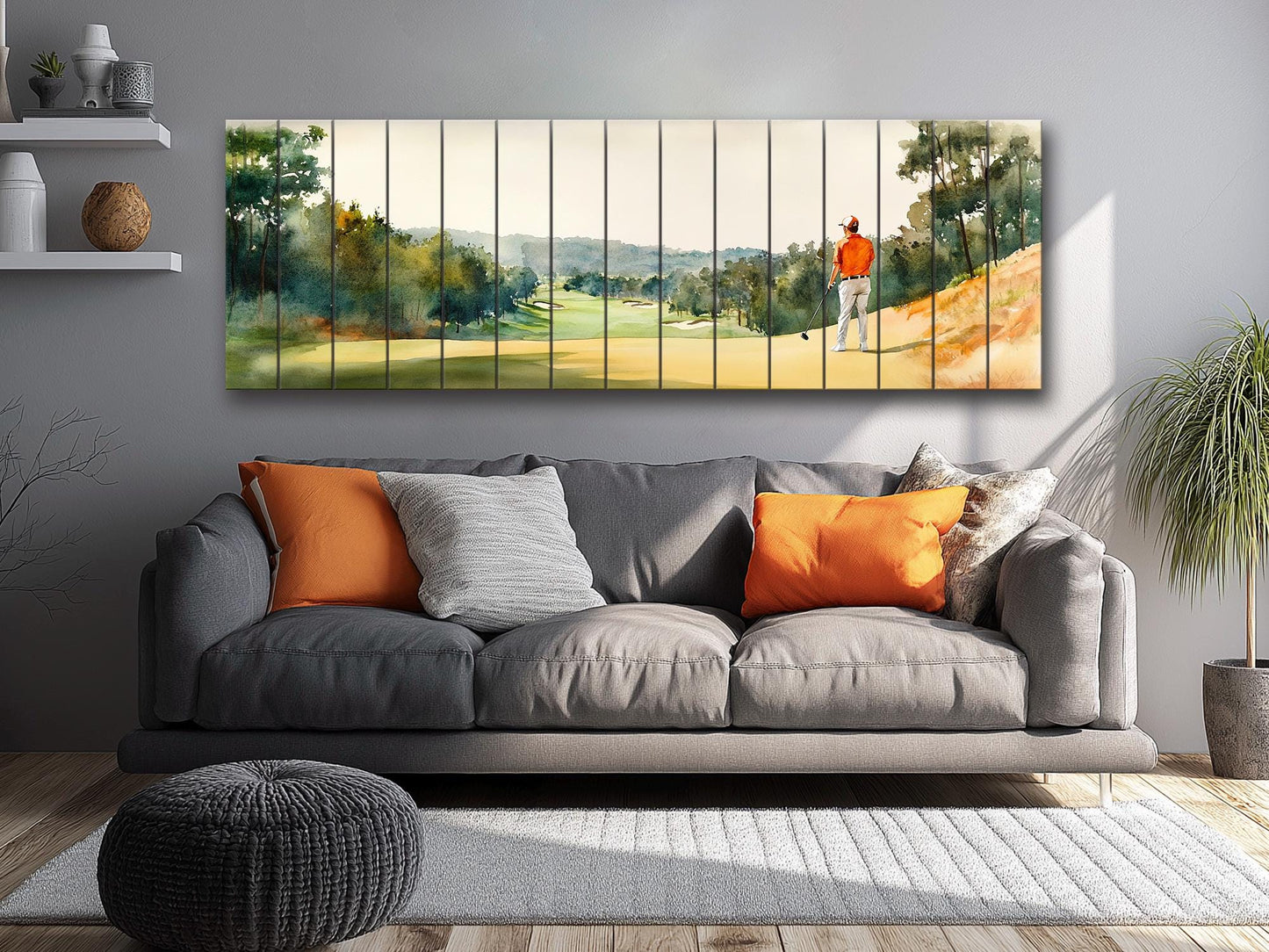 Golf Player Wall Art – Abstract Sports Painting on Natural Wood Print