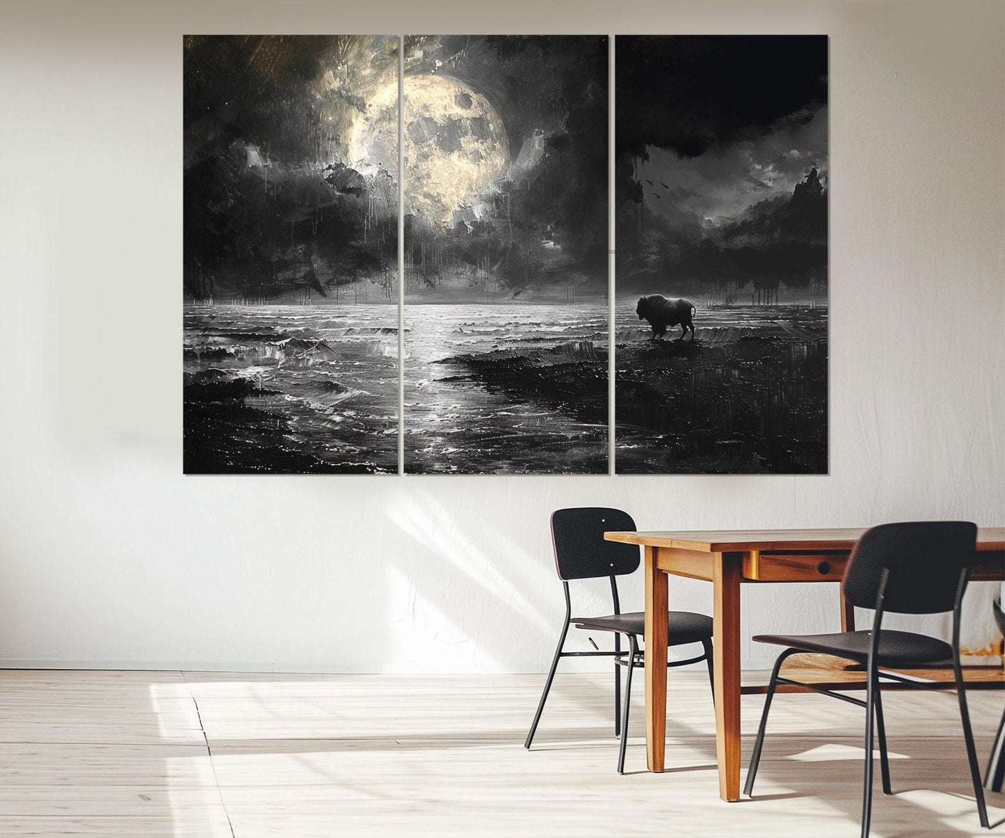 Moon Over Sea Canvas – Post-Apocalyptic Art Bison Print | Framed & Ready to Hang