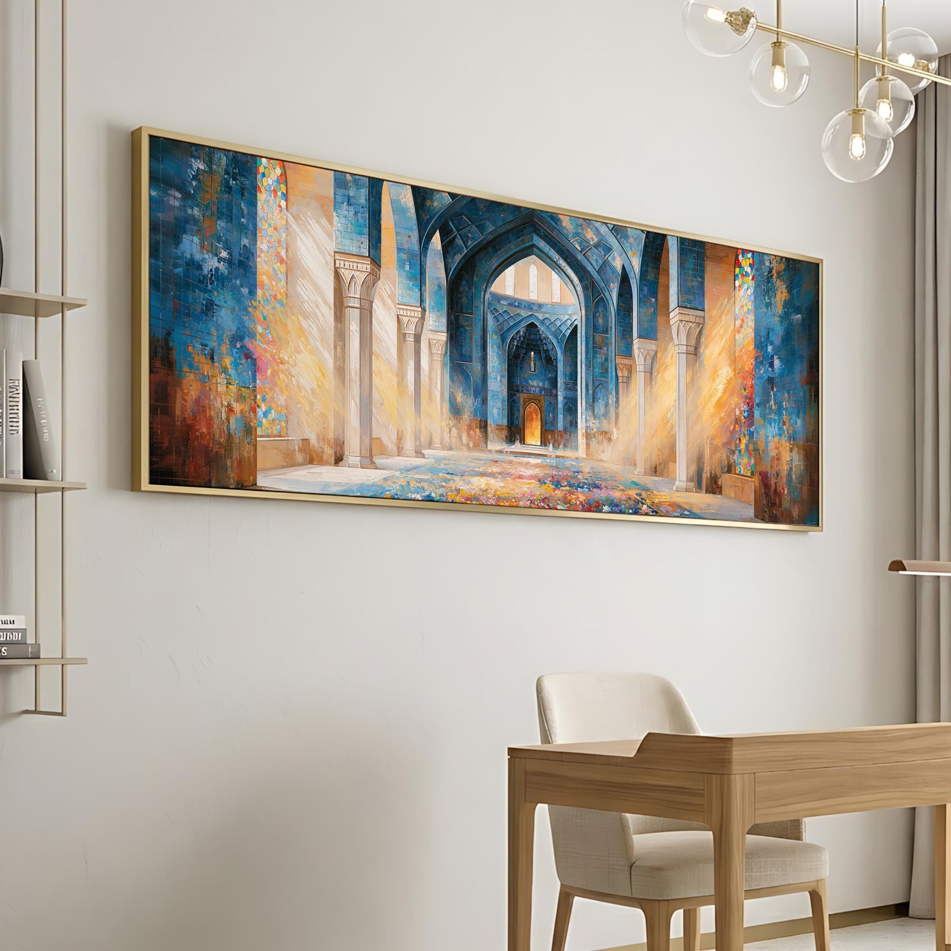 a large, colorful painting of an ornate, blue-colored archway with intricate details, hanging on a white wall above a wooden desk and chair in a modern, minimalist room.
