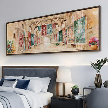 a large, ornate hallway with colorful tapestries hanging from the ceiling. The hallway is illuminated by natural light, creating a warm and inviting atmosphere. The room features a comfortable bed, a nightstand with a lamp, and decorative elements such as a potted plant and a vase.