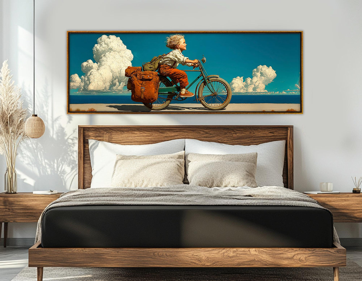 Retro Bike Wall Art - Boy Riding a Bike Print | Framed Canvas, Ready to Hang