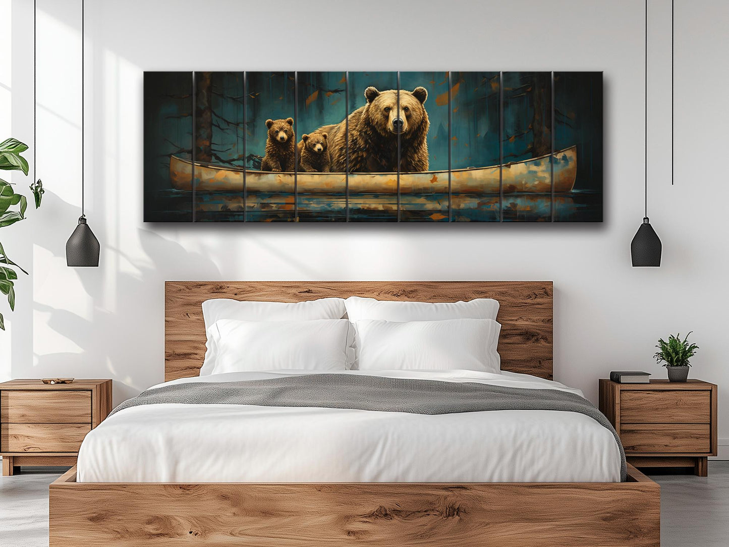 Grizzly Bear Wall Art – Rustic Wood Plank Print with Bear Family Nature Decor