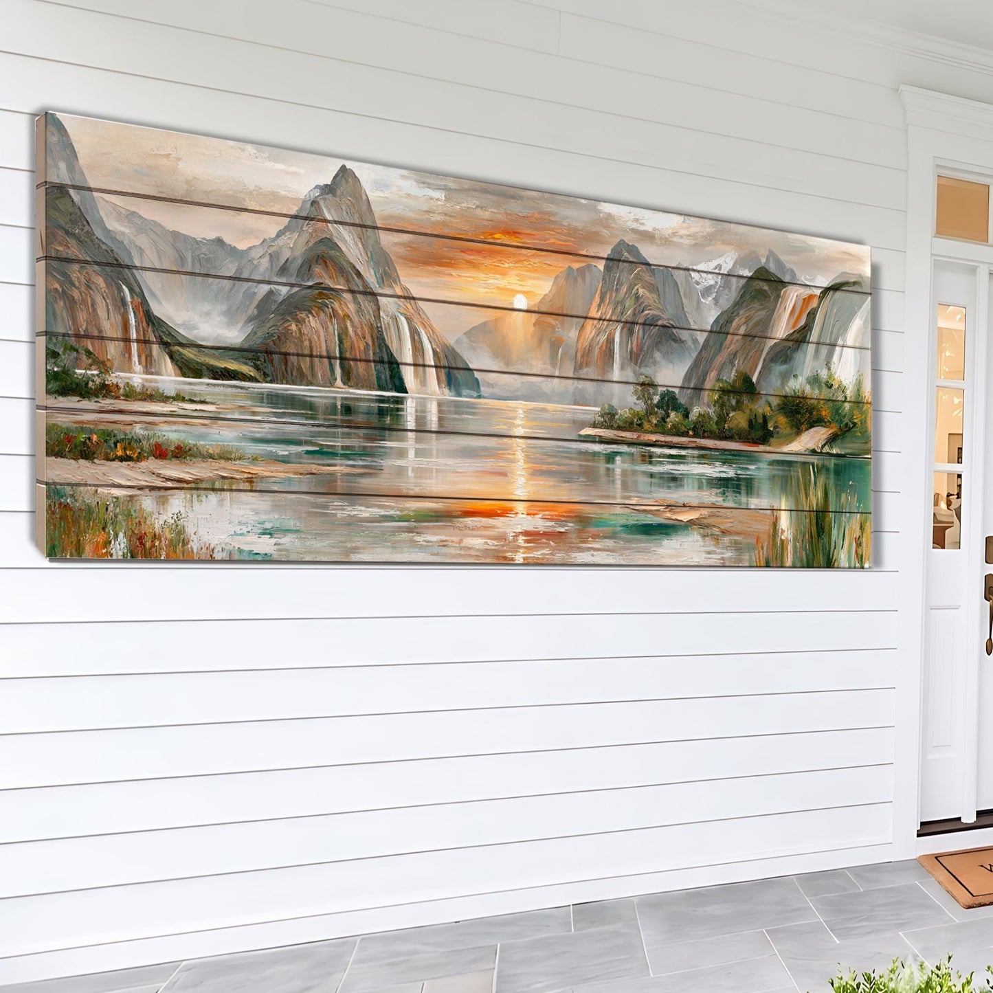 a large, colorful painting of a serene landscape with mountains, water, and a sunset. The painting is displayed on a white wall, and there is a door visible in the background.