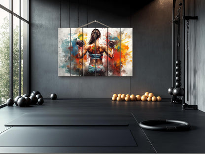 Girl with Dumbbells Painting – Wooden Gym Wall Art | Fitness Motivation Print