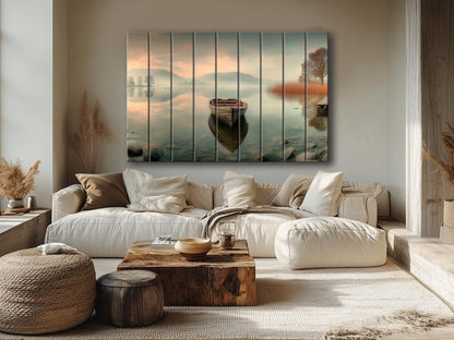 Boat on Misty Lake Print on Wood, Serene Nature Landscape, Rustic Mountain Wall Art