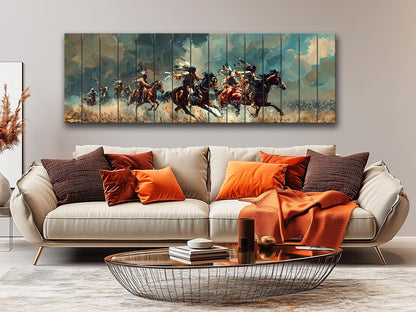 Native Americans Wood Print - UV Printed Wood Panel with Horseback Battle Scene