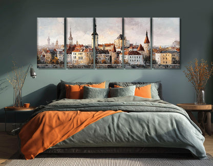 Vintage Tallinn Old Town Canvas Print, Retro Estonia Painting, Framed and Ready to Hang