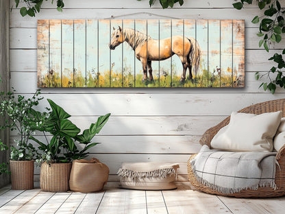Rustic Wood Wall Art - Pony in a Grassy Field Print on Natural Wood, Horse Painting, Horses Wall Art, Pony Poster, Farmhouse Wall Decor