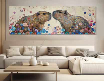 Capybaras Couple Painting - Romantic Wall Art | Framed Canvas Print Ready to Hang