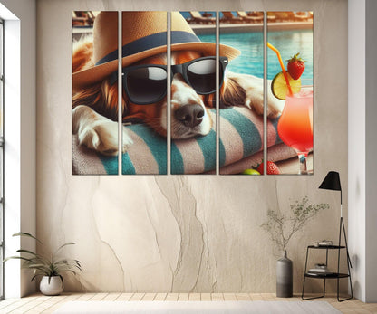 Dog Wall Art - Funny Dog Canvas with Hat and Glasses | Pool Wall Decor, Framed Canvas Print