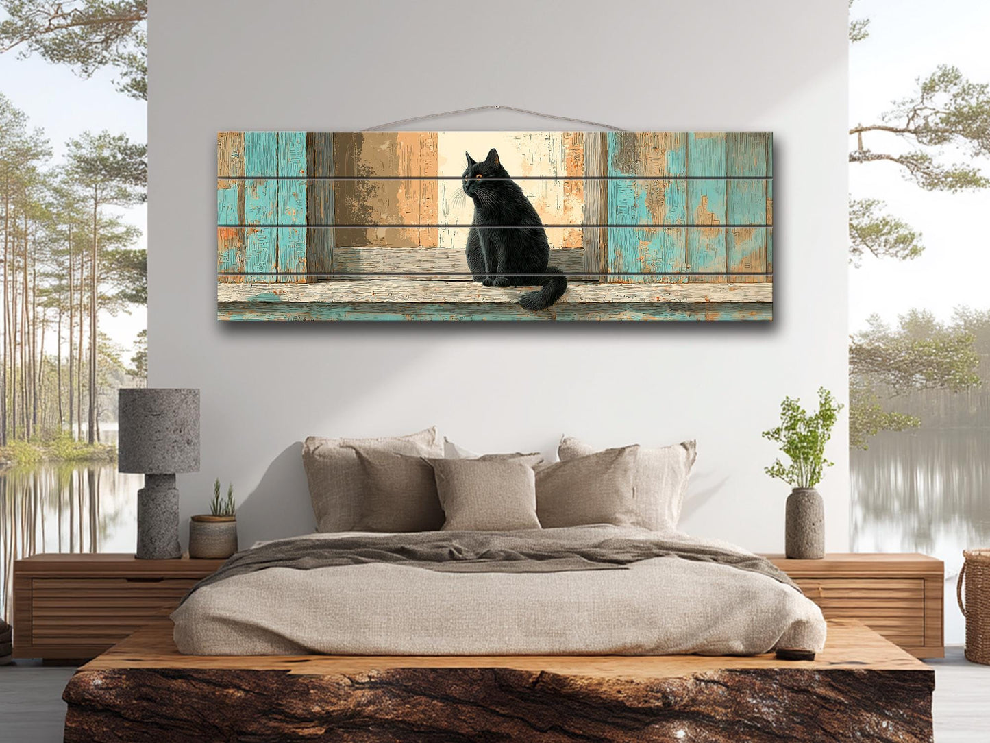 Black Cat Wood Art – Rustic Wood Print | Cozy Beige Aqua Wall Decor