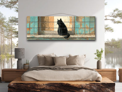 Black Cat Wood Art – Rustic Wood Print | Cozy Beige Aqua Wall Decor