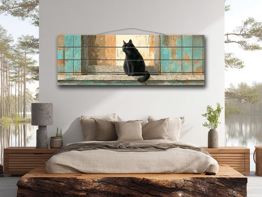 Black Cat Wood Art – Rustic Wood Print | Cozy Beige Aqua Wall Decor