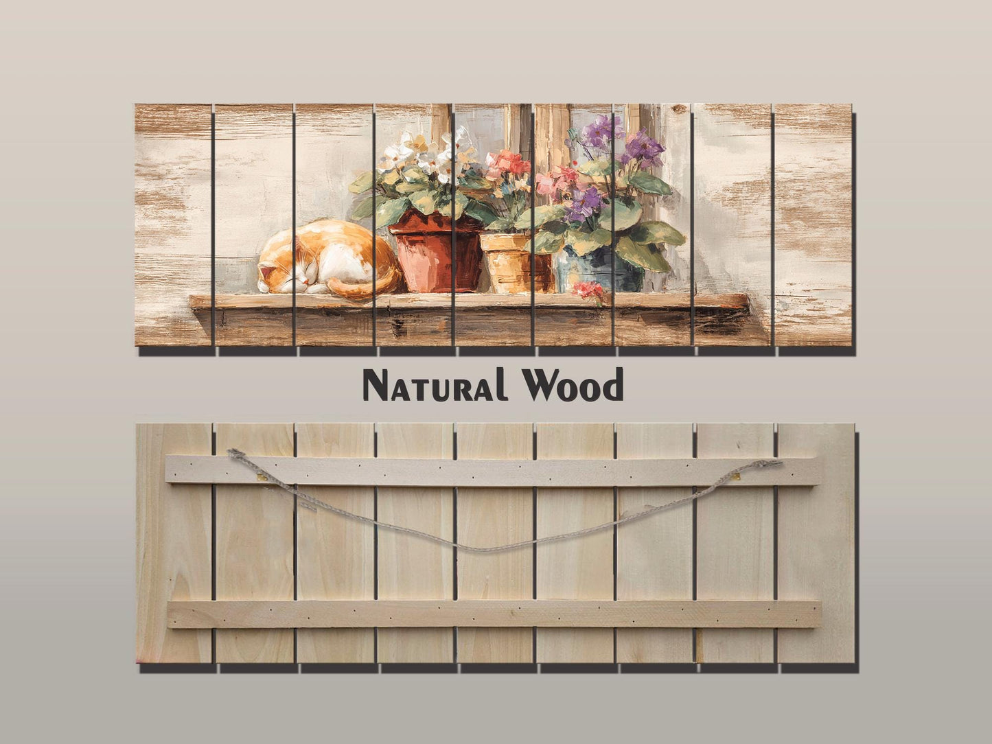 Farmhouse Wall Art - Cozy Sleeping Cat Print on Natural Wood Plank Artwork