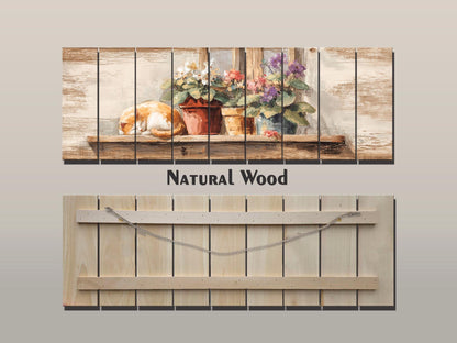 Farmhouse Wall Art - Cozy Sleeping Cat Print on Natural Wood Plank Artwork