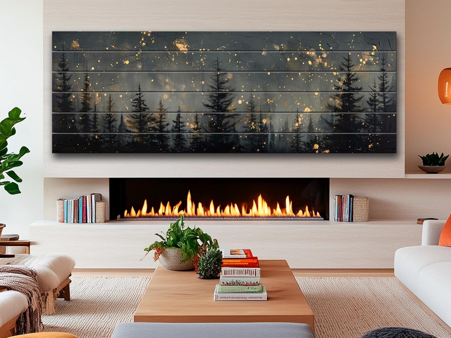 Wood Wall Art - Pine Forest Print | Starry Sky Painting on Wood Plank Art
