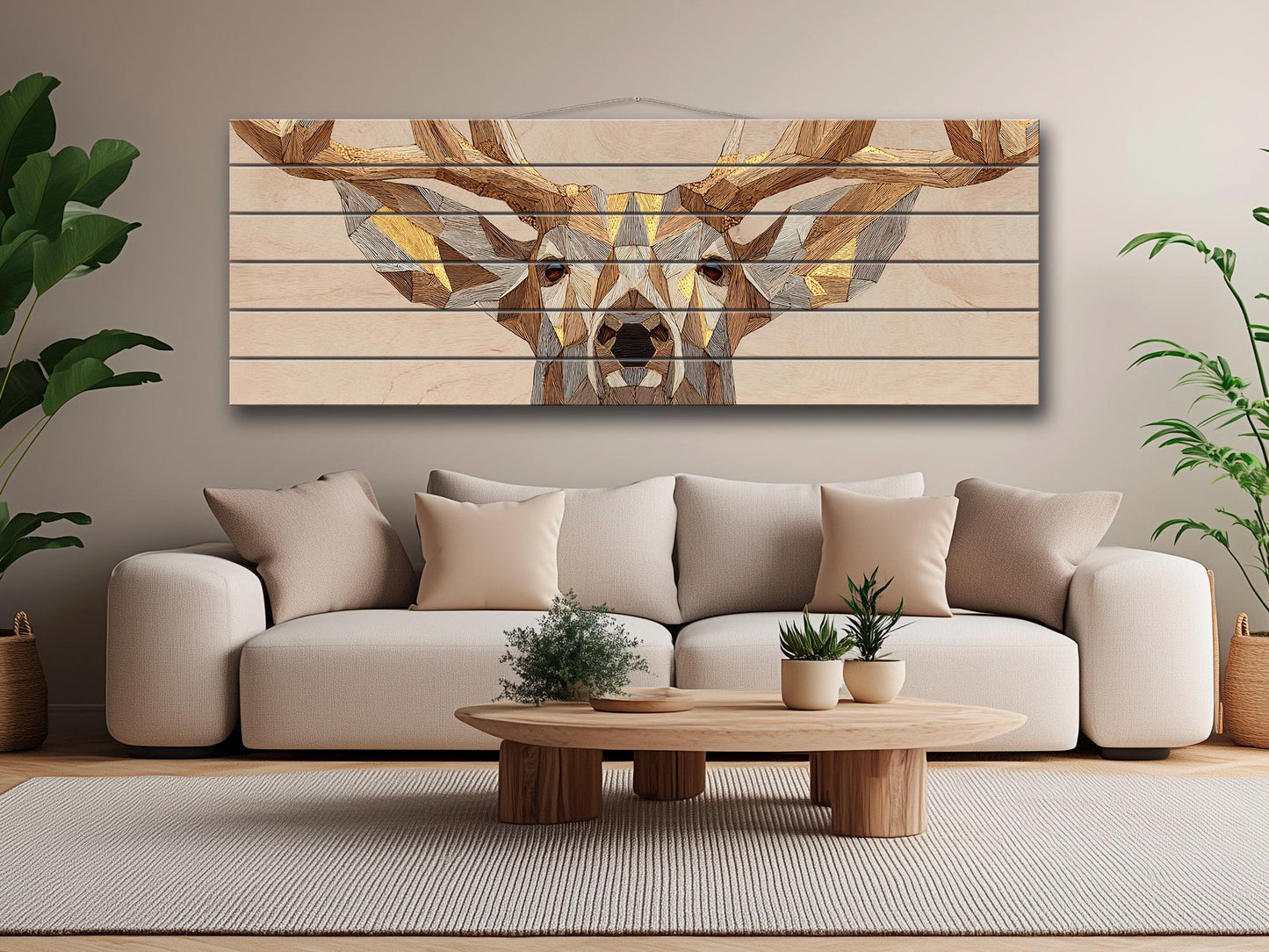 Deer Print Wood | Geometric Deer Art with Gold Accent - Rustic Modern Cabin Decor
