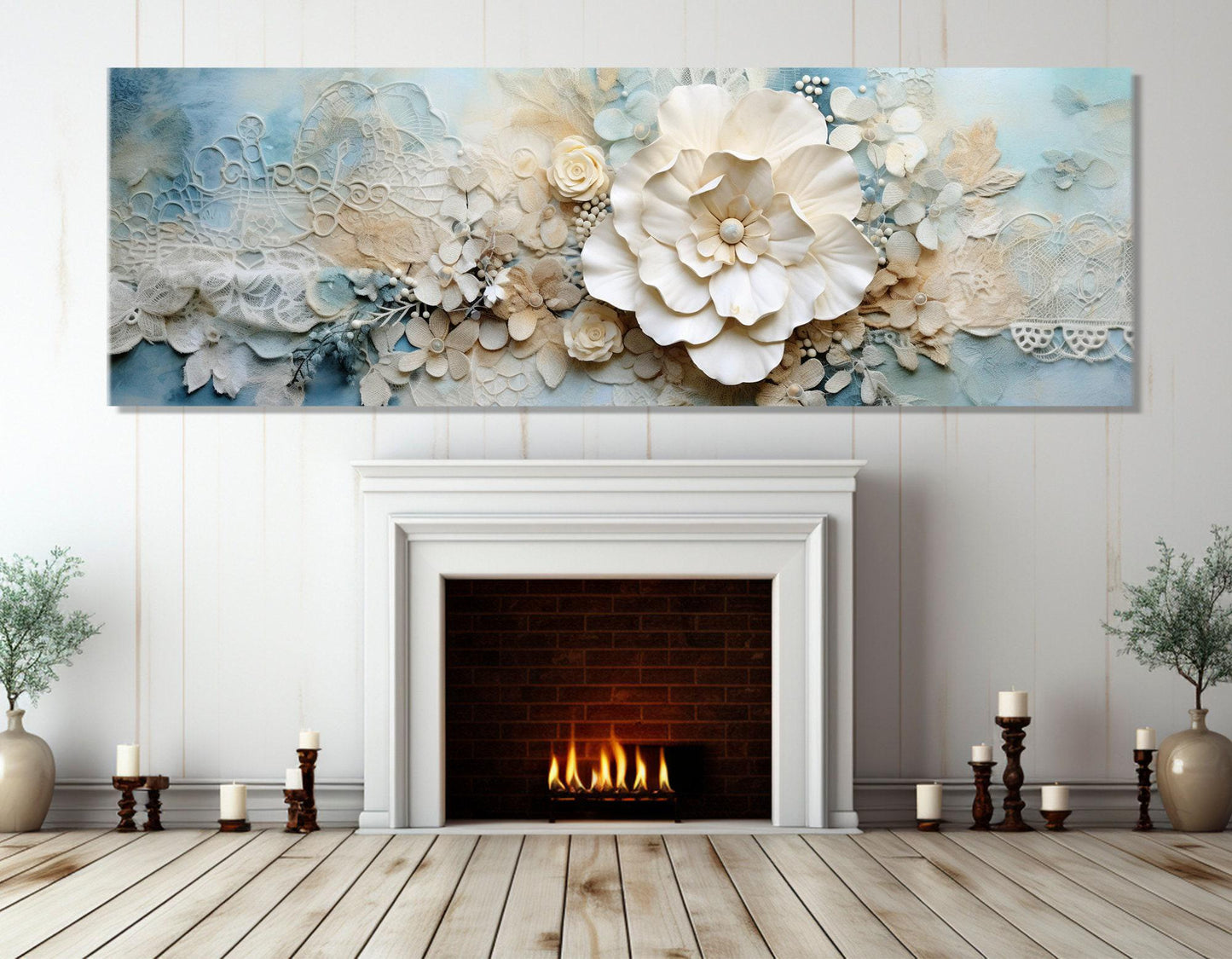 Floral Canvas Print – Soft Tones Blue Damask Embroidered Doily Art, Framed & Ready to Hang