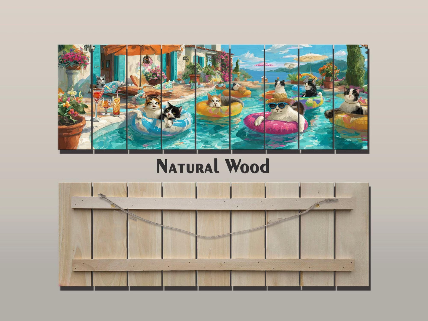 Funny Cat Wall Art – Playful Cat Pool Party Print on Rustic Wood Decor