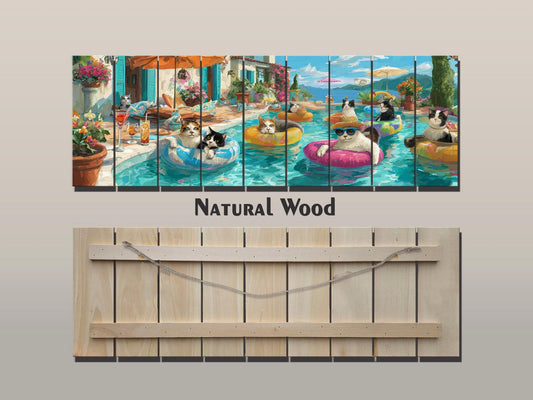 Funny Cat Wall Art – Playful Cat Pool Party Print on Rustic Wood Decor