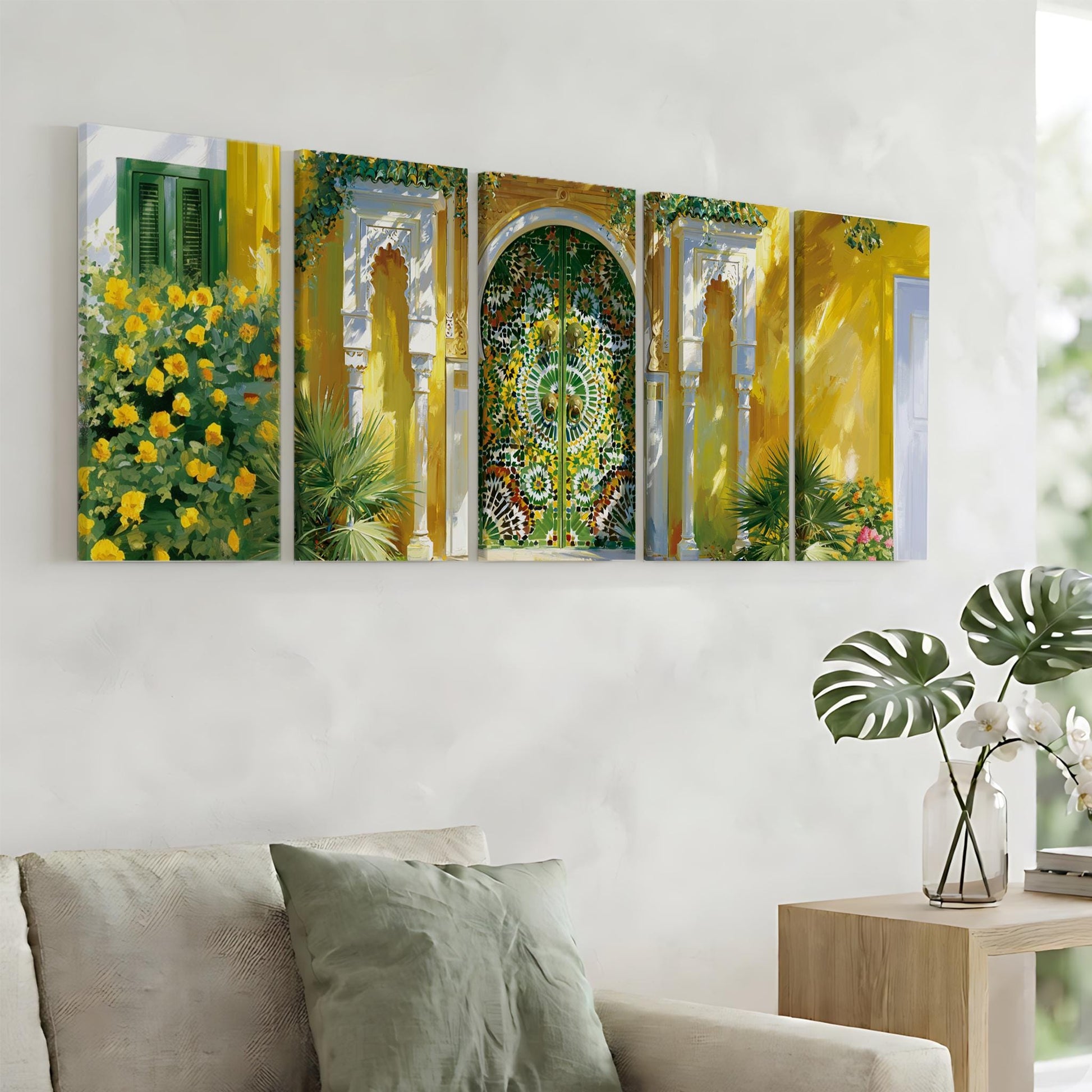 a living room with a large, colorful painting of a yellow building with a green door and arches hanging on the wall. The painting is composed of multiple panels, creating a vibrant and detailed scene.