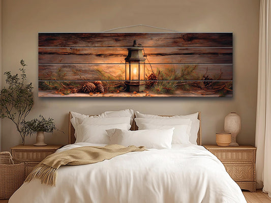 Rustic Wood Wall Art – Vintage Lantern Art with Pinecones & Fir Branch Decor