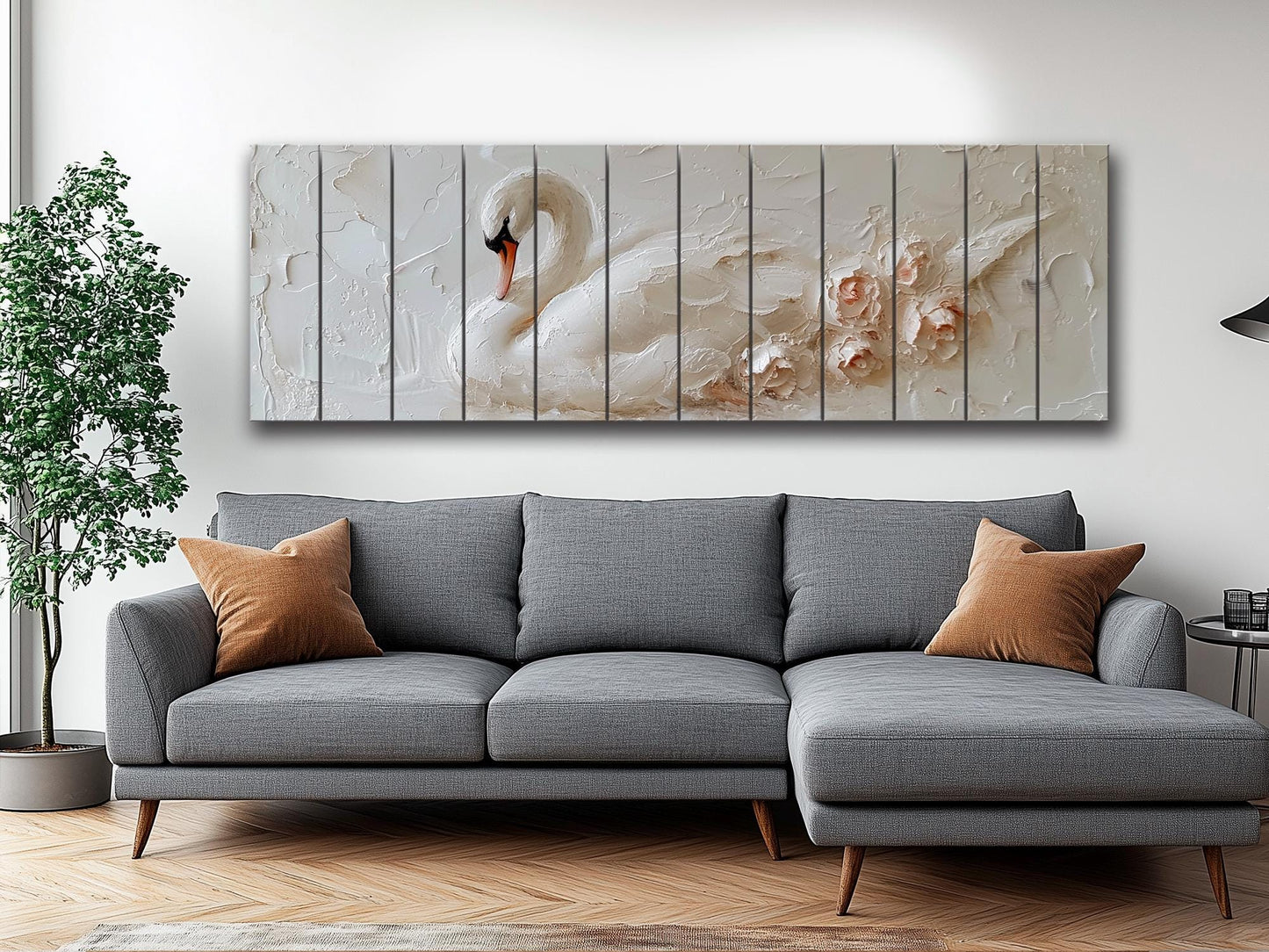 White Swan Wall Art – Natural Wood Print | Minimalist Wood Plank Art