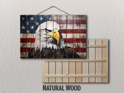 Rustic Patriotic Wall Art – Bald Eagle Wall Decor on Natural Wood Plank