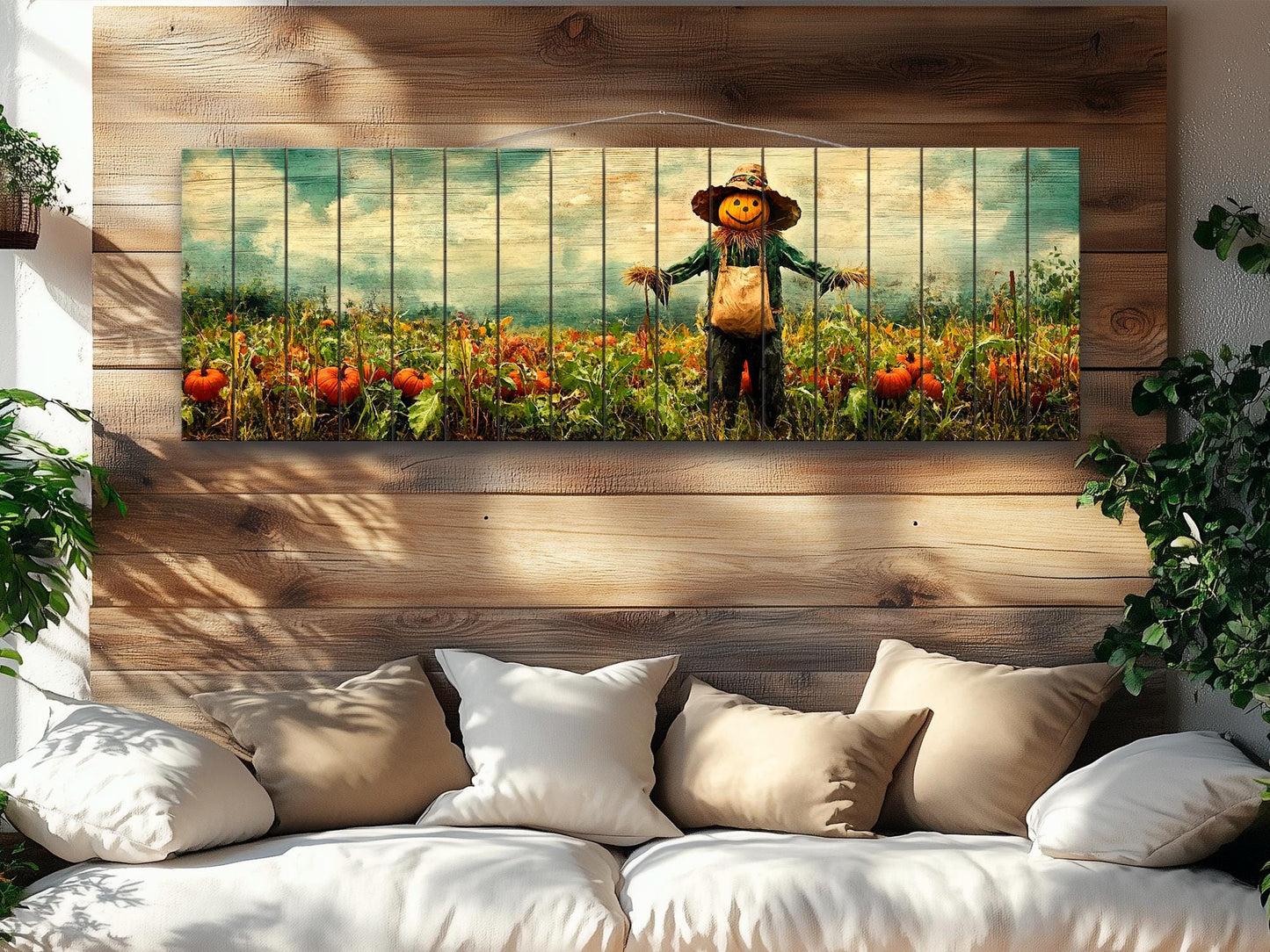 Rustic Farmhouse Wall Decor - Pumpkin Patch Print Wood Wall Art with Scarecrow