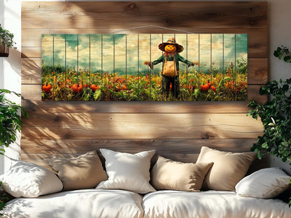 Rustic Farmhouse Wall Decor - Pumpkin Patch Print Wood Wall Art with Scarecrow