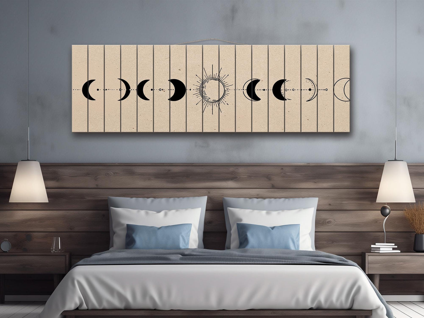Moon Phases Print on Wood, Minimalist Lunar Cycle Painting, Rustic Wall Decor, Boho Wall Art