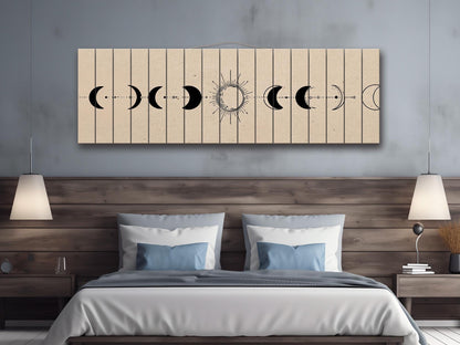 Moon Phases Print on Wood, Minimalist Lunar Cycle Painting, Rustic Wall Decor, Boho Wall Art