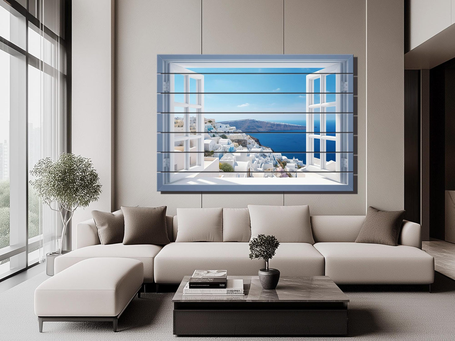 Santorini Wood Art - Natural Wood Print | Open Window Wall Decor on Planks