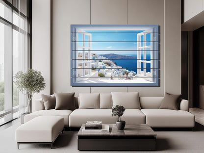 Santorini Wood Art - Natural Wood Print | Open Window Wall Decor on Planks
