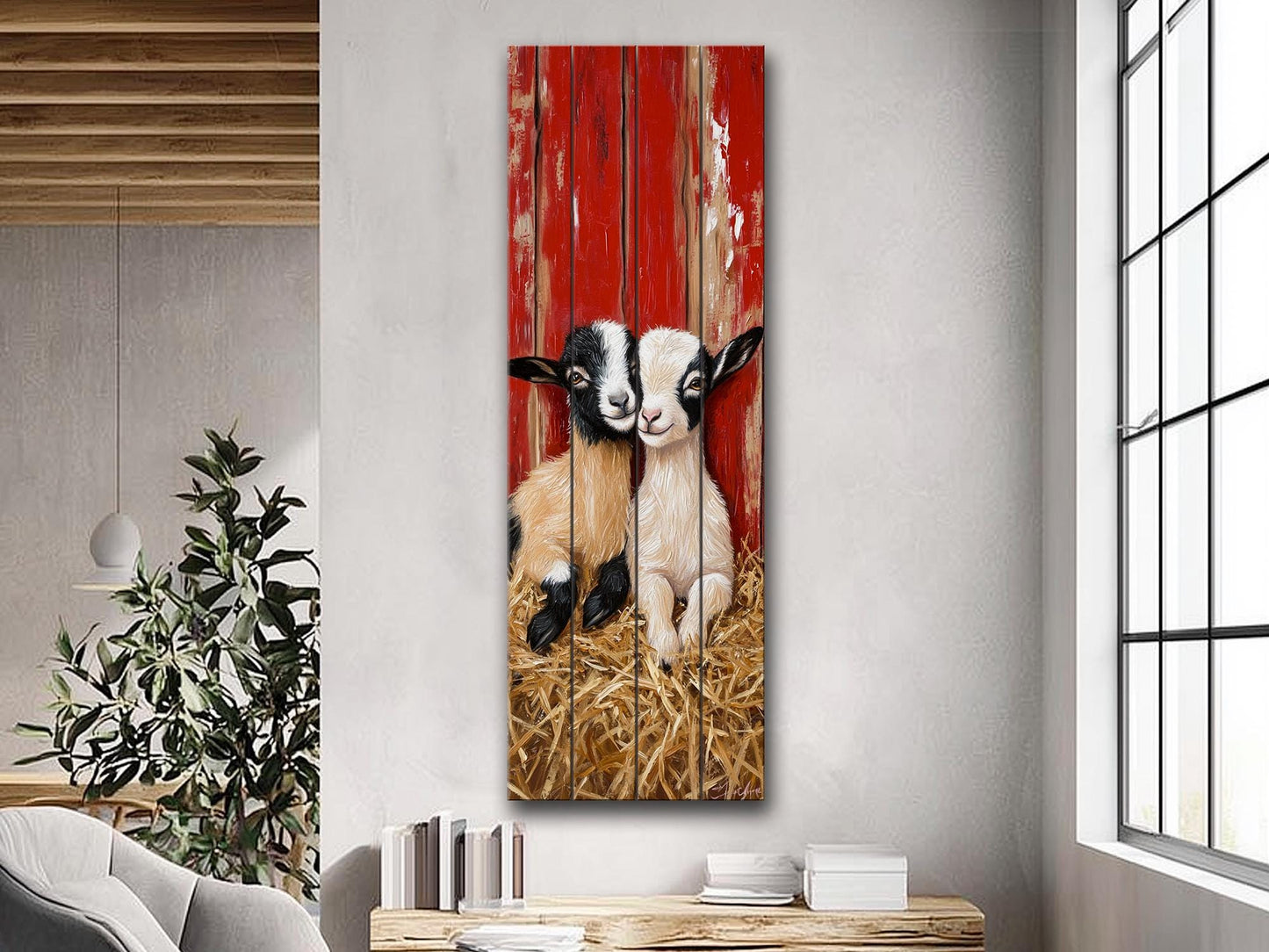 Rustic Wood Wall Art – Two Baby Goats Resting in Straw Next to Red Barn Wall, Farm Animal Print on Natural Linden Wood, Farmhouse Decor
