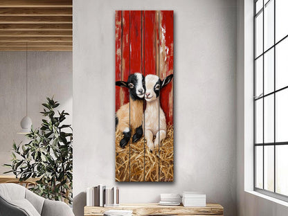 Rustic Wood Wall Art – Two Baby Goats Resting in Straw Next to Red Barn Wall, Farm Animal Print on Natural Linden Wood, Farmhouse Decor