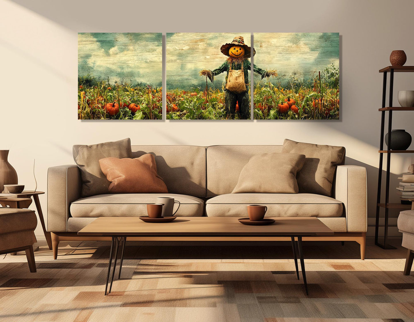 Scarecrow Pumpkin Canvas - Rustic Farmhouse Wall Art | Framed Ready to Hang