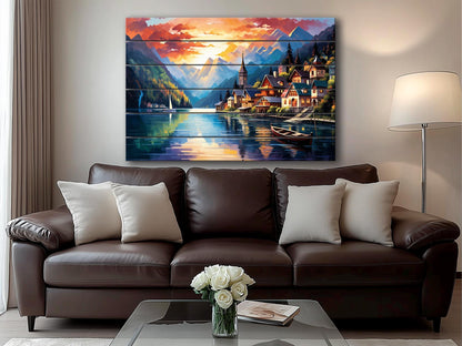 Wood Wall Art – Hallstatt Lake Print on Wood | Alpine Landscape Rustic Decor