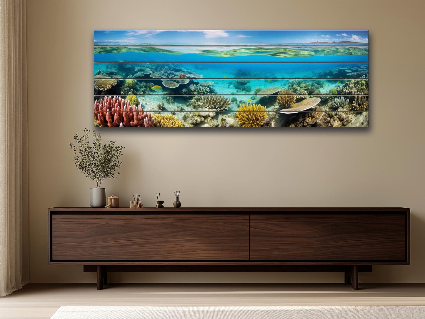 Ocean Wall Art - Rustic Wood Art Coral Reef Painting on Natural Wood Planks