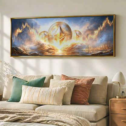 a large, framed painting hanging on a wall above a bed with pillows.