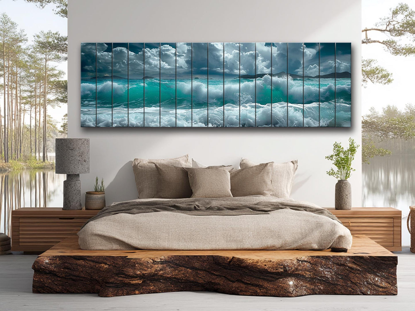 Ocean Wall Decor - Soft Blue Ocean Waves Printed On Natural Wood Art Planks