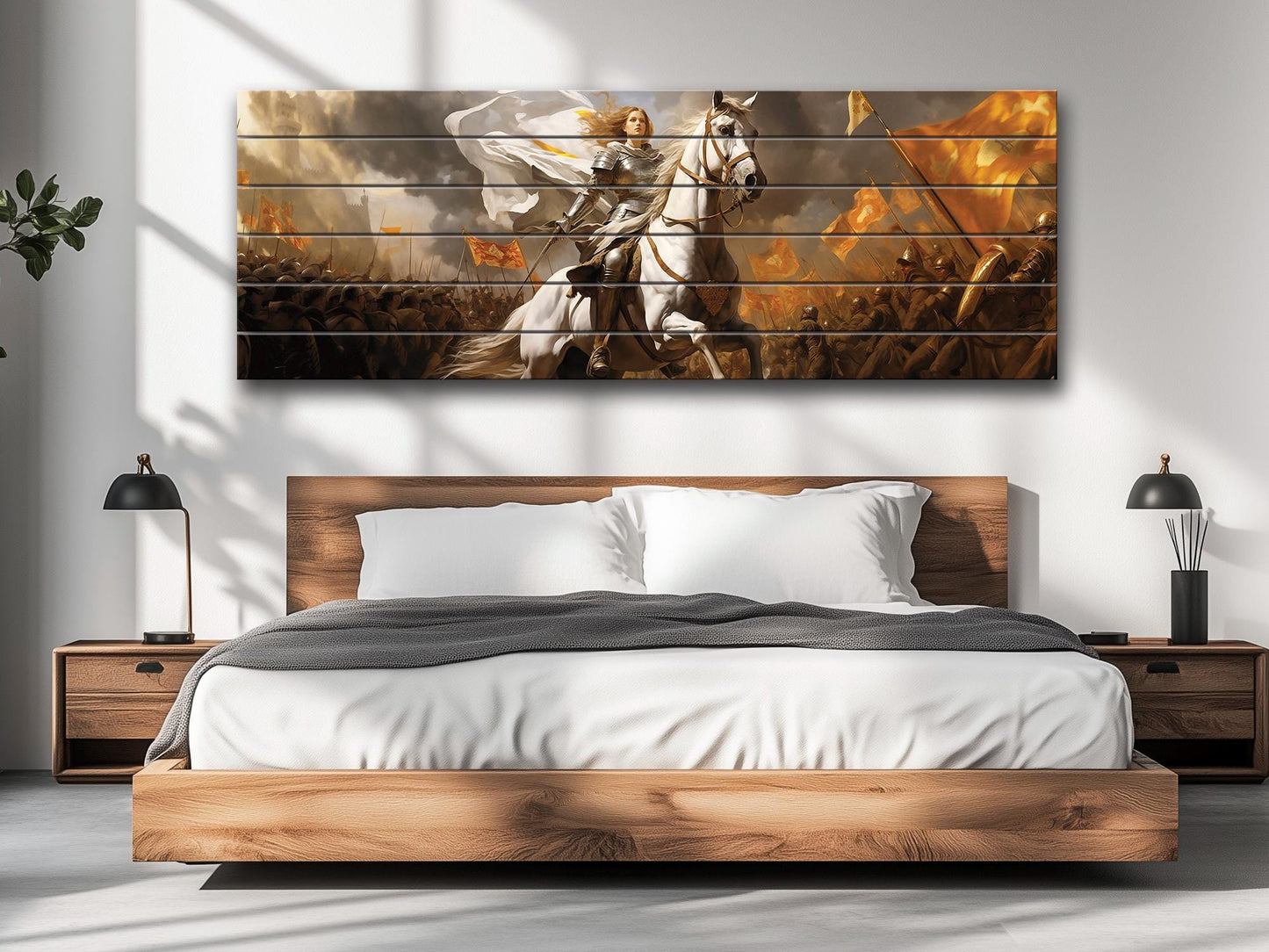 Warrior on Horse Print – Natural Wood Art | Medieval Battle Scene Wall Hanging