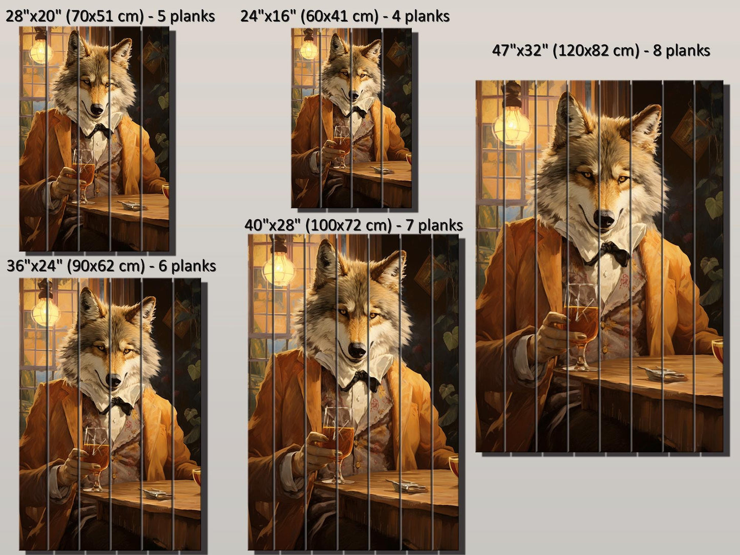 Wood Bar Wall Art – Wolf Bartender Artwork on Natural Wood Plank Print