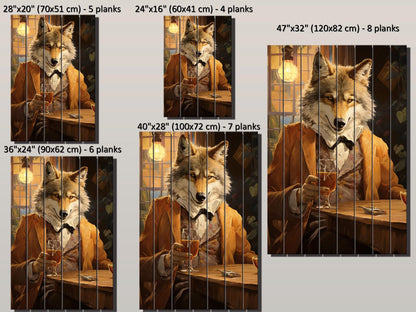 Wood Bar Wall Art – Wolf Bartender Artwork on Natural Wood Plank Print