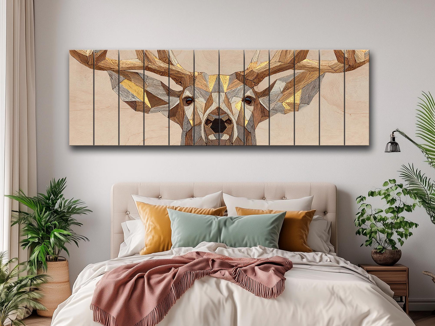 Deer Print Wood | Geometric Deer Art with Gold Accent - Rustic Modern Cabin Decor